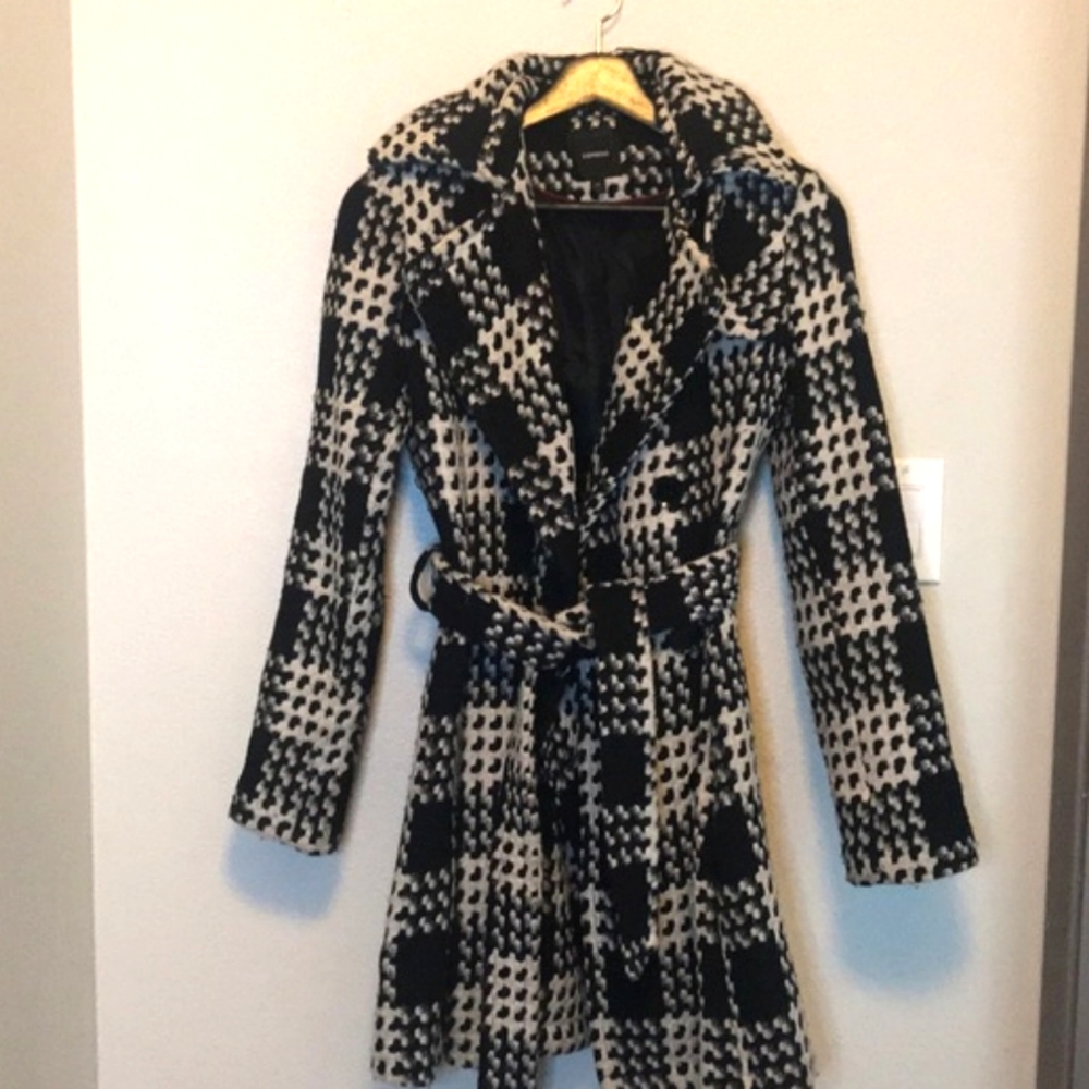 Express Plaid Pea Coat Jacket Black and White